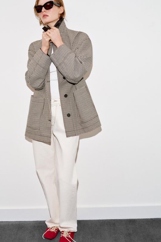 Veste pied-en-poule finitions effet cuir