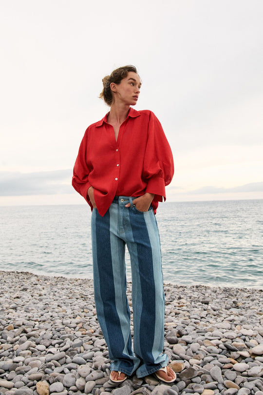 Jean Z1975 coupe droite taille mi-haute à rayures