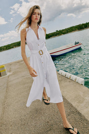 Robe midi en popeline avec ceinture