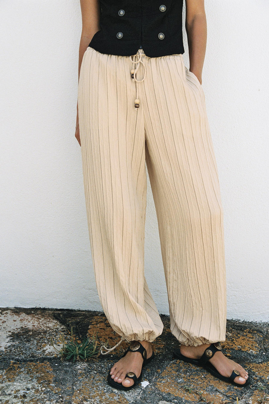 Pantalon large à rayures et taille élastique