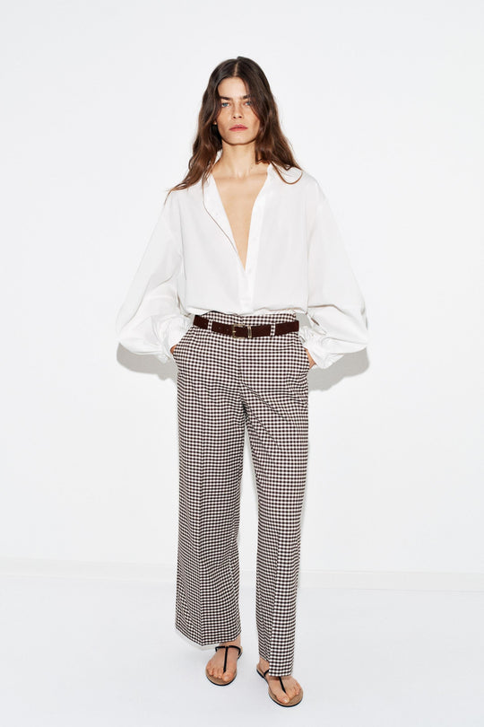 Pantalon droit à carreaux vichy avec ceinture