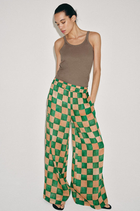 Pantalon palazzo en ramie à carreaux ZW Collection