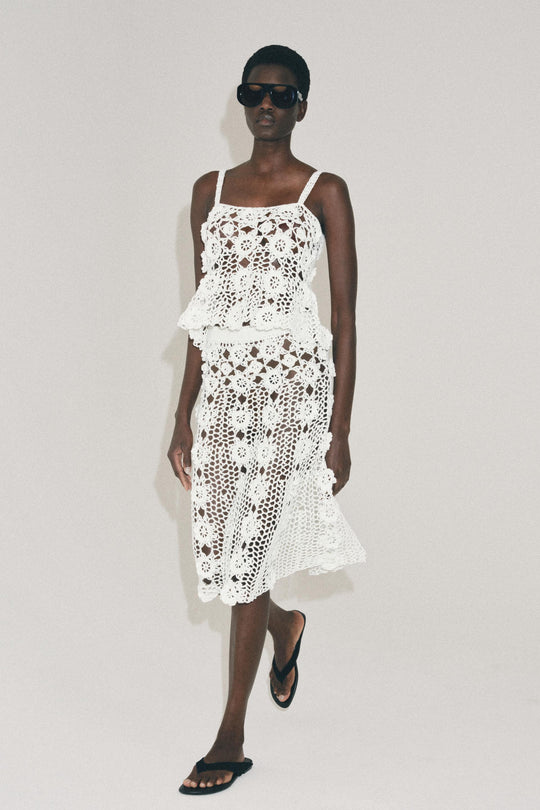 Jupe midi en maille crochetée à fleurs