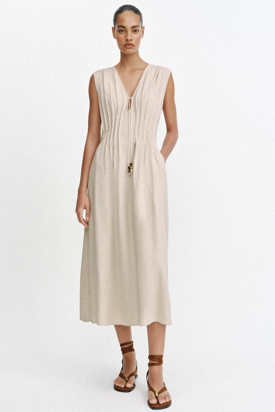 Robe midi en lin à coulisses