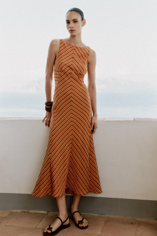 Robe midi à dos ouvert à rayures