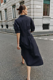 Robe midi en popeline à manches bouffantes