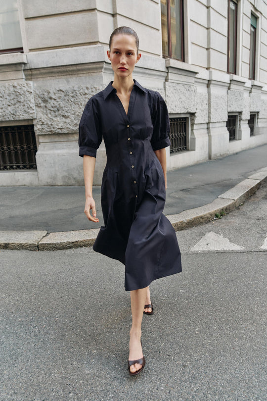 Robe midi en popeline à manches bouffantes