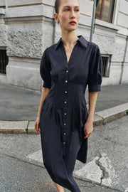 Robe midi en popeline à manches bouffantes