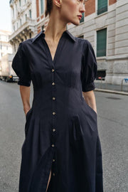 Robe midi en popeline à manches bouffantes