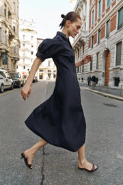 Robe midi en popeline à manches bouffantes