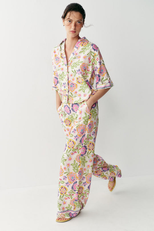 Pantalon imprimé floral en lin