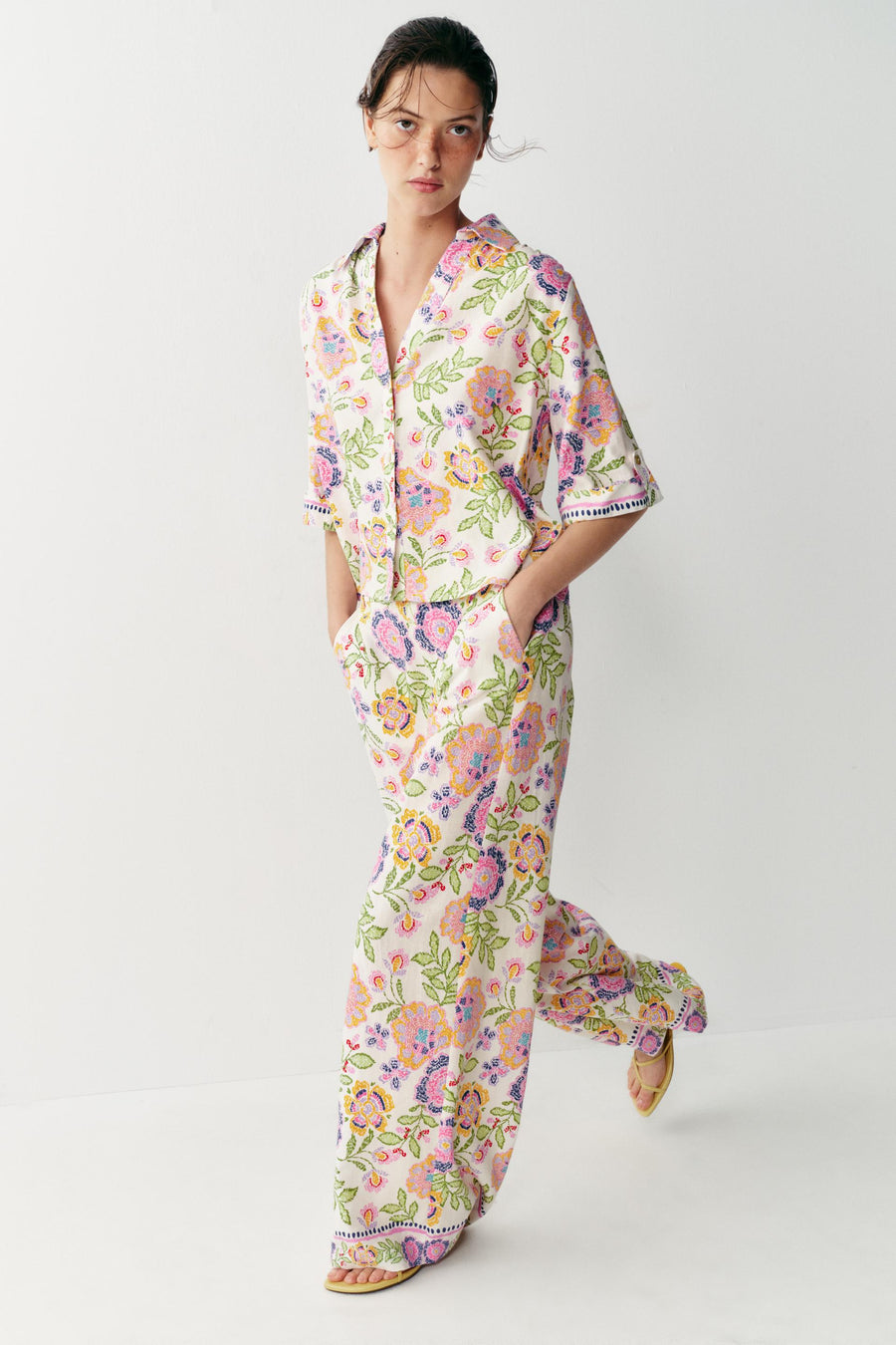 Pantalon imprimé floral en lin
