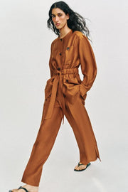 Pantalon fluide en lin à fentes au bas