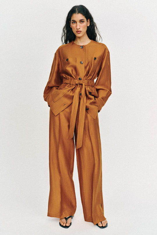 Pantalon fluide en lin à fentes au bas