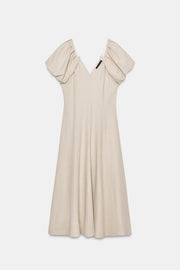 Robe midi en lin à manches bouffantes