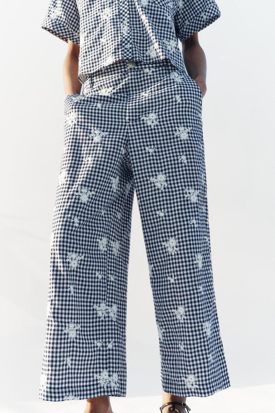 Pantalon-culotte à carreaux brodé