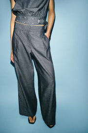 Pantalon large taille haute en lin