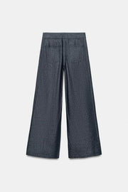 Pantalon large taille haute en lin