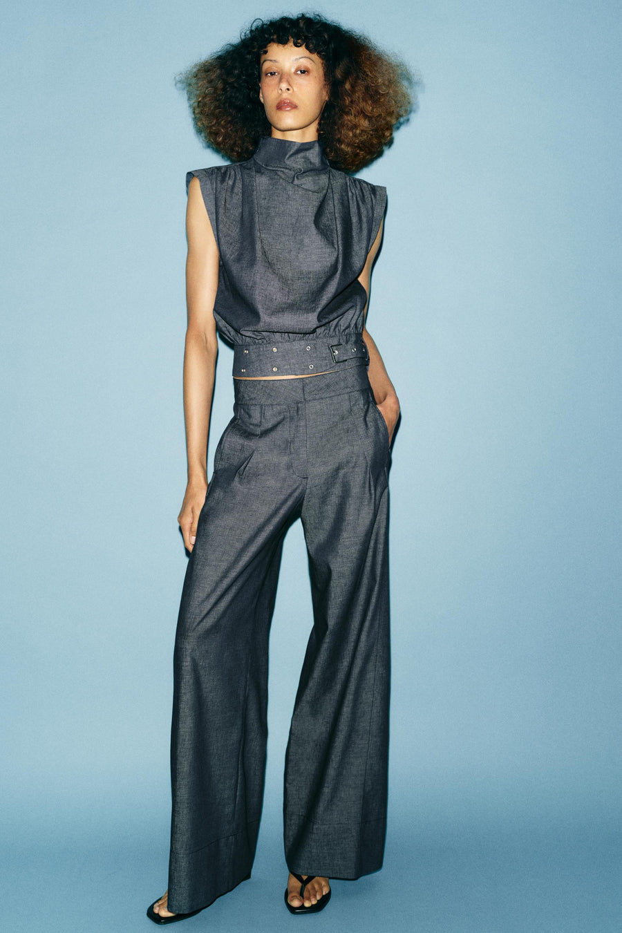 Pantalon large taille haute en lin