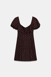 Robe à pois à manches bouffantes en lin