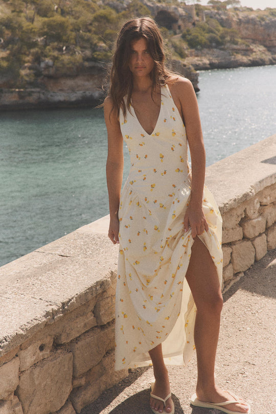 Robe midi dos-nu en popeline à motif fruits