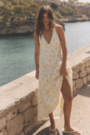Robe midi dos-nu en popeline à motif fruits