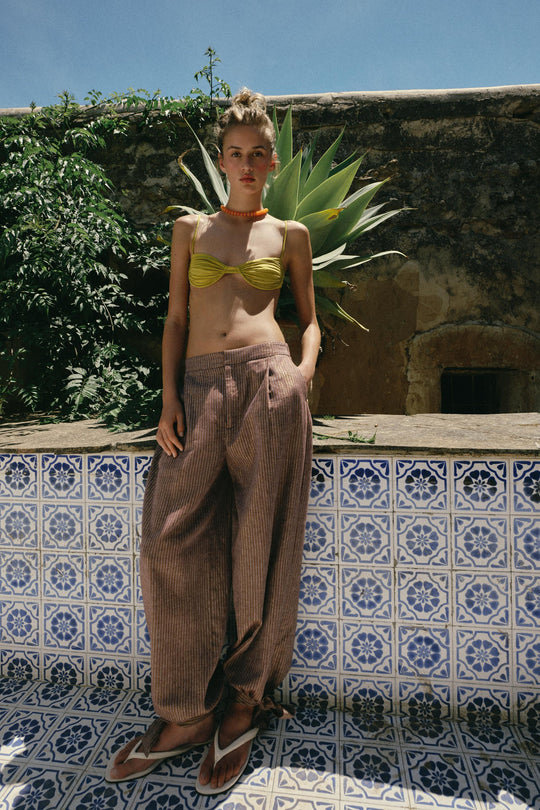 Pantalon bouffant avec nœuds en lin