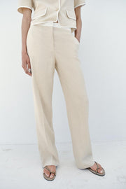 Pantalon droit en lin à taille contrastée