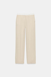 Pantalon droit en lin à taille contrastée