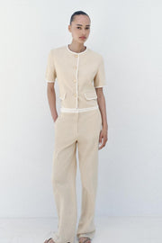 Pantalon droit en lin à taille contrastée