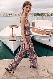 Pantalon large à broderies ajourées