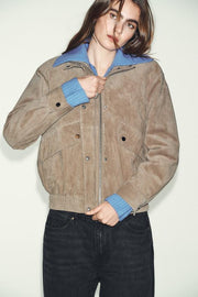 Blouson 100 % cuir suédé à col montant