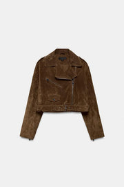 Blouson court 100 % cuir suédé avec ceinture