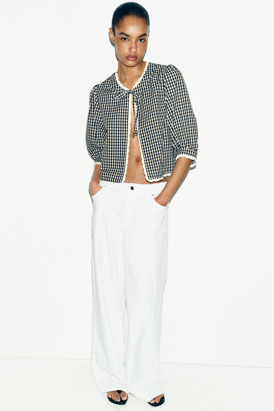 Veste à carreaux vichy contrastée au crochet