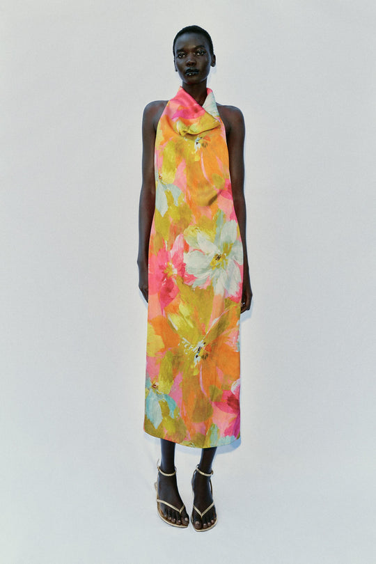 Robe midi satinée imprimée