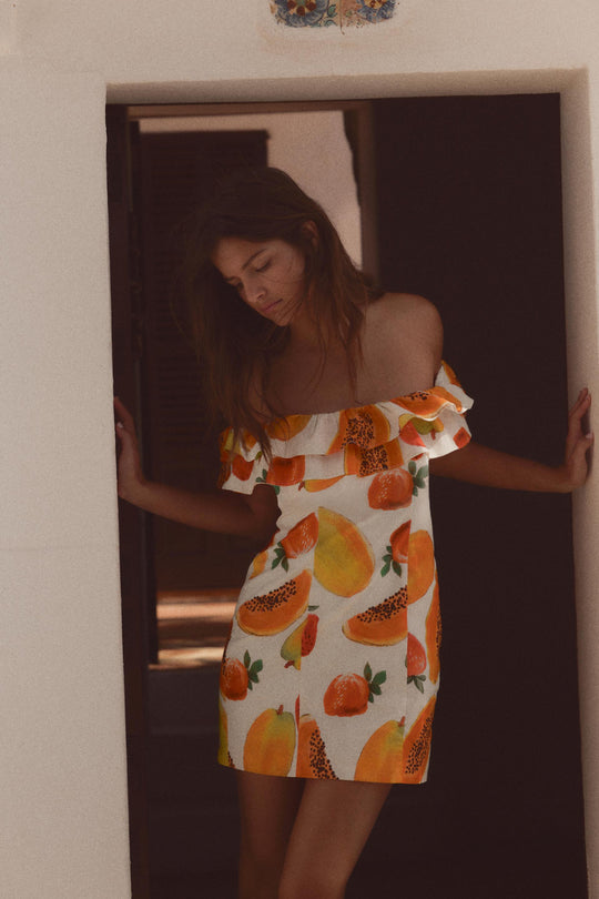 Robe mini à volants et imprimé fruits