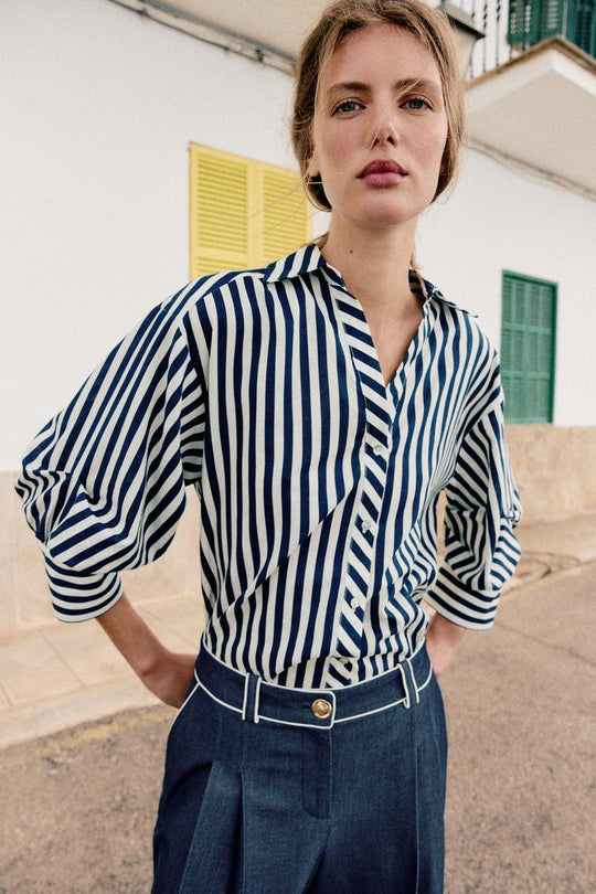 Chemise à rayures en lin à manches bouffantes