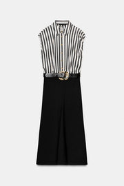 Robe midi contrastée à rayures avec ceinture