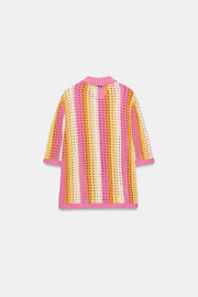 Veste polo en maille ajourée à rayures
