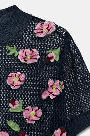 Top en maille à fleurs brodées