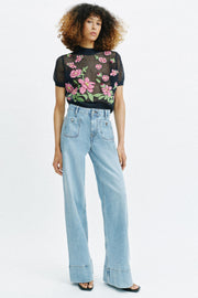 Top en maille à fleurs brodées
