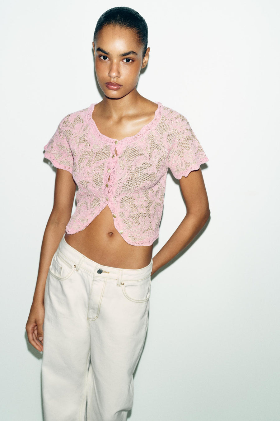 Veste en maille jacquard à manches courtes