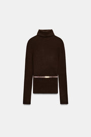 Pull 100 % laine à col montant avec ceinture