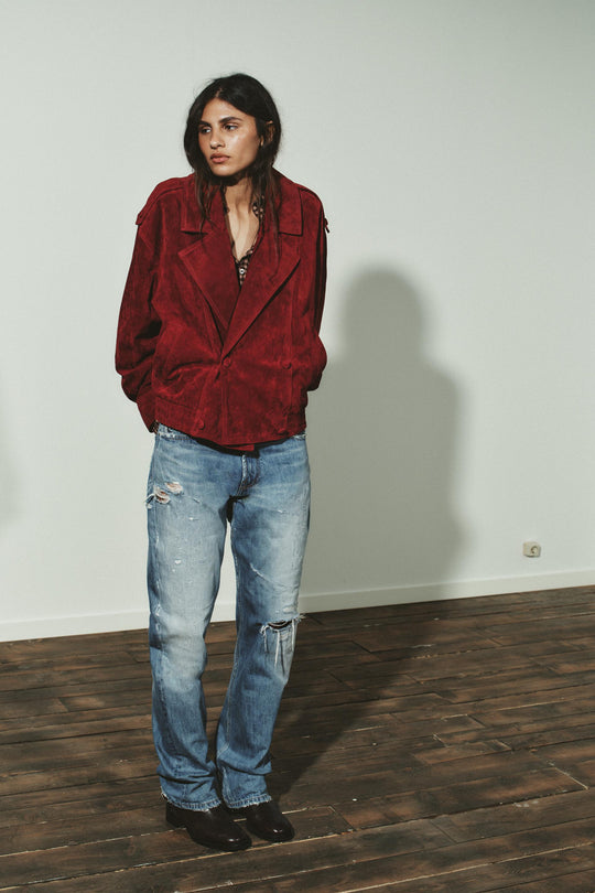 Blouson 100 % cuir suédé à passants