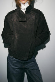 Blouson biker 100 % cuir suédé à boutons recouverts