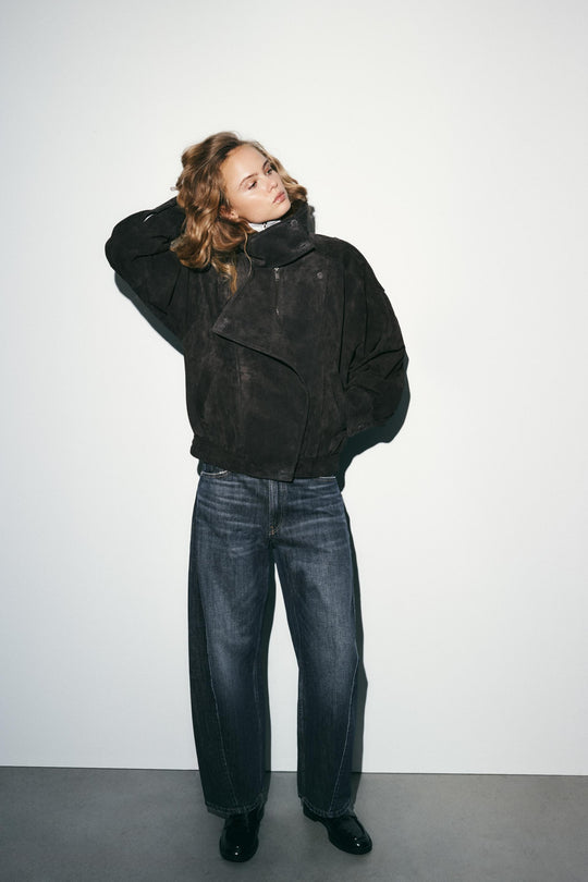 Blouson biker 100 % cuir suédé à boutons recouverts