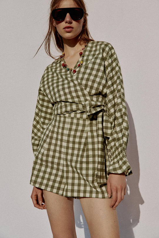 Veste à lien noué et carreaux vichy