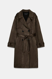Trench long effet suédine avec ceinture