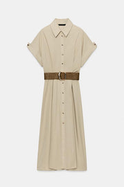 Robe midi en popeline avec ceinture