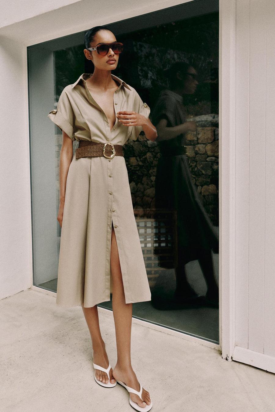 Robe midi en popeline avec ceinture